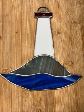 Handmade Stained Glass Lighthouse Wall Art - White, Blue, Gray